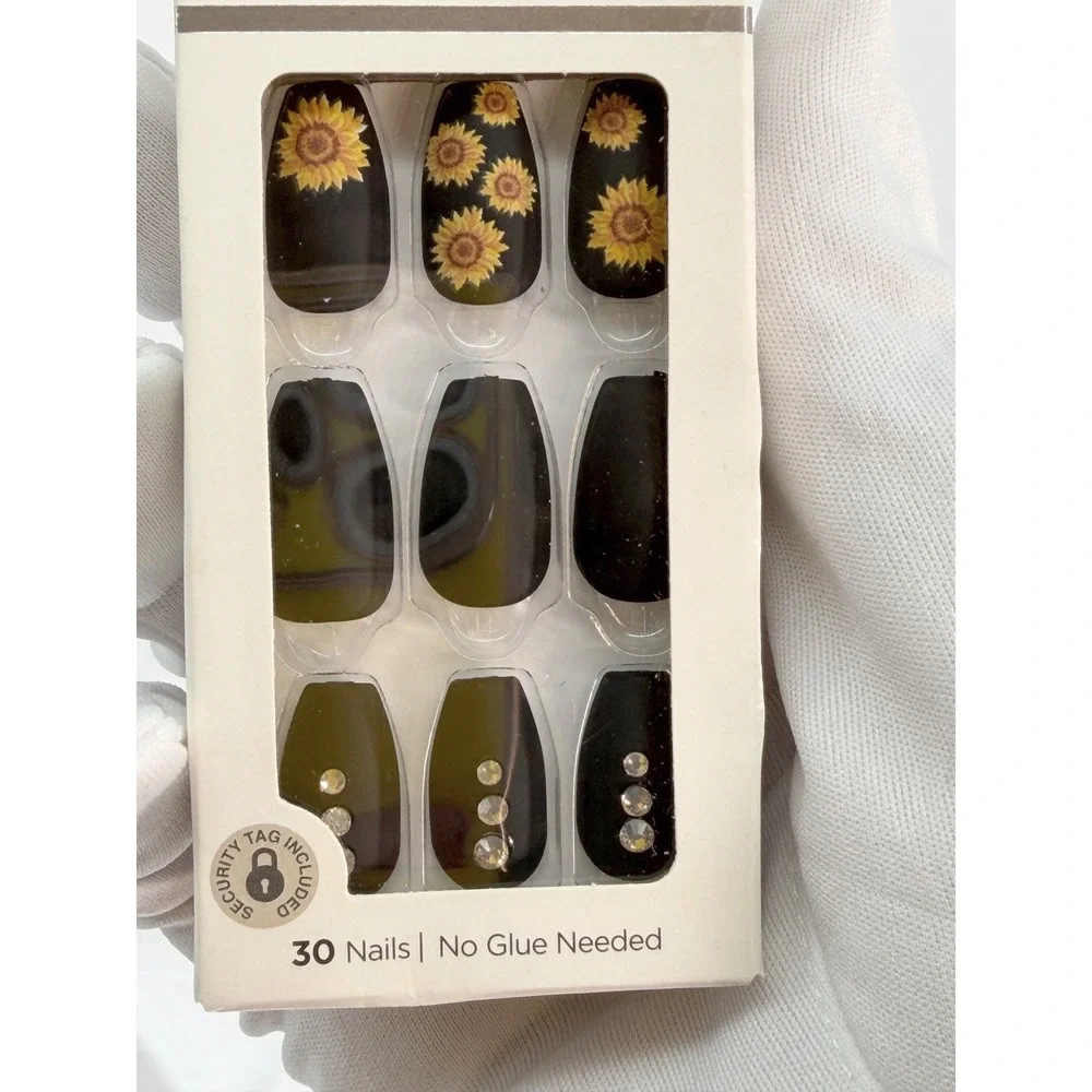 imPRESS Press-On Manicure Festival Night‎ Matte Black Sunflower Rhinestone 93-30